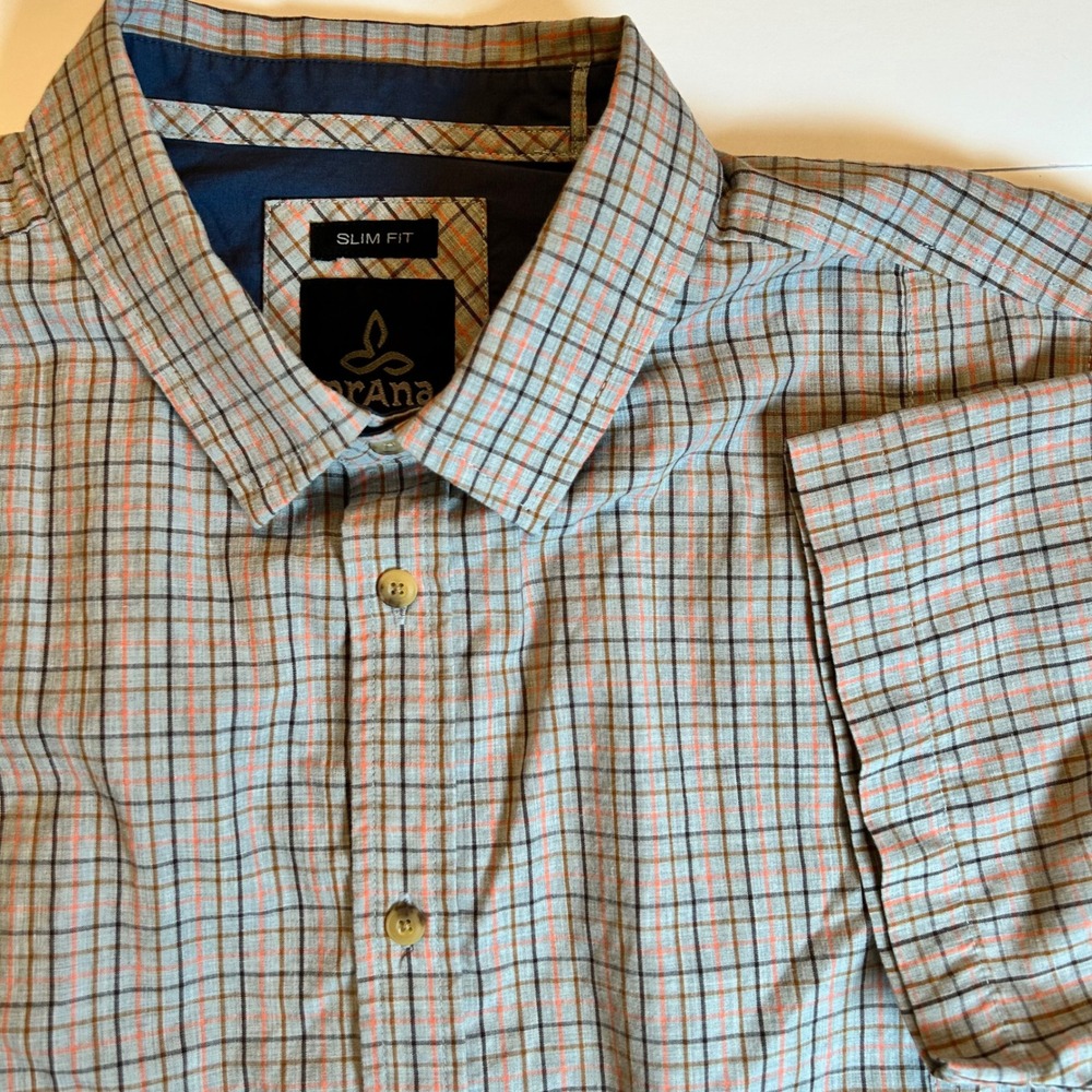Prana Mens Slim Fit Gray‎ Orange Plaid Short Sleeve Button Up Shirt Size Medium